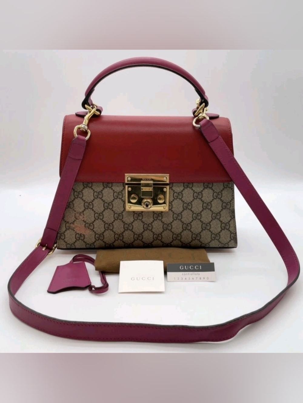 (#1) SALE! Gucci Padlock GG Supreme Monogram Top Handle 2Way Bag W/DB & Strap